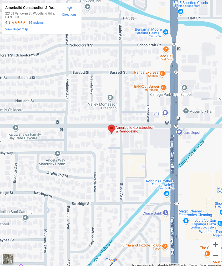 Amerbuild ADU & garage conversion service area map covering Los Angeles, Altadena, Pacific Palisades, Woodland Hills, Santa Monica, Brentwood, and Malibu